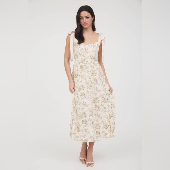 Mine Floral Corset Satin Tie Strap Cottagecore Regency Picnic Midi Dress Large - Picture 2 of 9